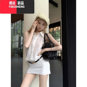 YIBUSHENG韩系白色polo领衬衫连衣裙女季设计感显瘦短裙无袖收腰包臀裙子