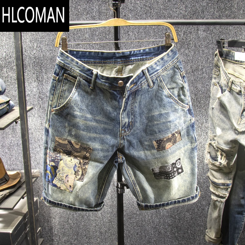 HLCOMAN夏季国潮刺绣牛仔短裤男装复古贴布直筒五分裤青年薄款流行中裤子