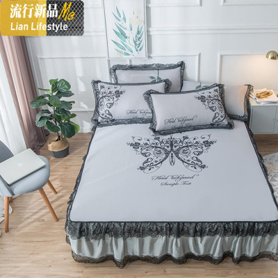 蕾丝边冰丝凉席床裙式三件套折叠1.8m床罩式双人夏季冰凉席可机洗 三维工匠凉席/凉枕
