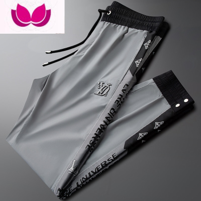 七斓2023新款夏季刺绣冰丝休闲运动裤男士潮牌速干修身小脚薄款束脚裤