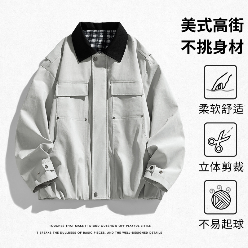 男装新款宽松潮牌飞行员夹克男式多口袋工装夹克撞色百搭痞帅外套