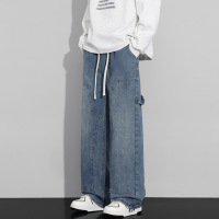 直筒拼接男士工装牛仔裤高街休闲阔腿裤美式潮流