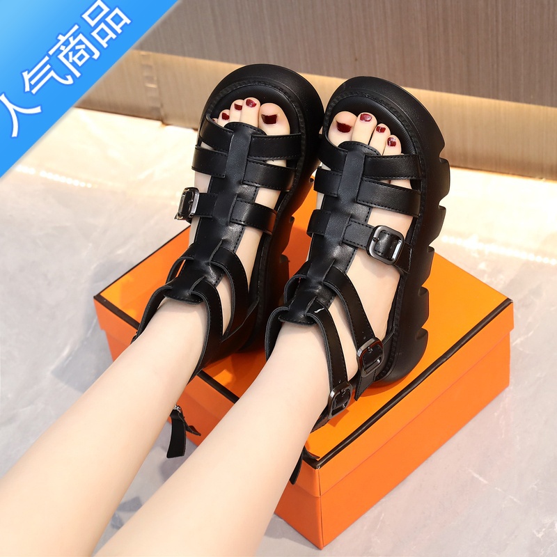 SUNTEK凉鞋女软底2023夏季新款松糕厚底镂空凉靴女复古罗马编织凉鞋