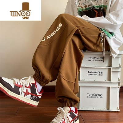 YANXU休闲裤子男款宽松束脚运动裤男生美式潮牌百搭卡其色卫裤裤