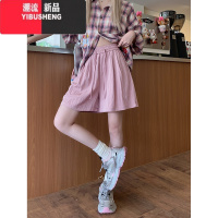 YIBUSHENG韩系纯色抽绳松紧腰阔腿休闲裤女2024季新款直筒宽松显瘦短裤子
