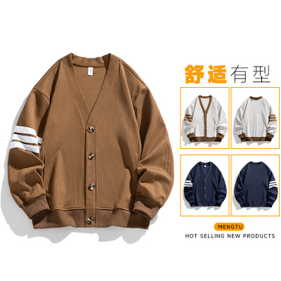 男装日系复古V领长袖卫衣春秋新款情侣针织开衫宽松撞色外套