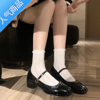 SUNTEK法式玛丽珍鞋2023春秋新款复古金属扣一字带高跟单鞋女粗跟小皮鞋