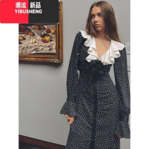 YIBUSHENG外单@绝美波点荷叶领人鱼连衣裙打揽气质开衩长裙