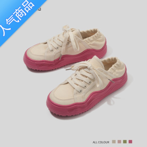 SUNTEK小众设计波浪底韩系帆布鞋女夏季两穿可踩半拖懒人鞋百搭小白鞋子