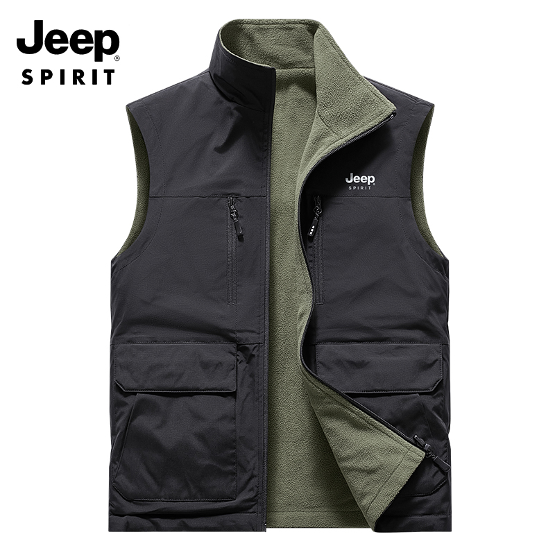 JEEP吉普男士双面穿摇粒绒马甲秋冬新款保暖背心马夹无袖坎肩外套
