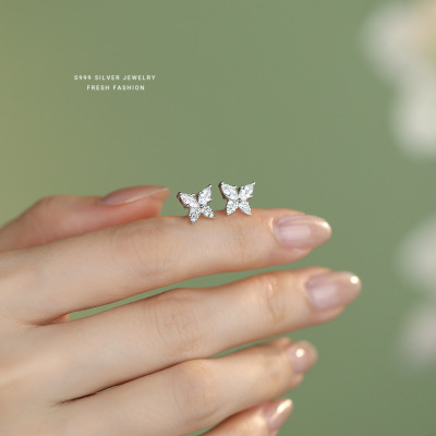 精致超闪蝴蝶耳钉女S999纯银镶嵌锆石小清新甜美潮流森系耳环耳饰送女朋友老婆情人节七夕生日礼物