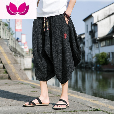 七斓夏季阔腿七分裤男中国风刺绣宽松加肥加大码胖子裤子萝卜灯笼短裤