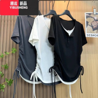 YIBUSHENG胖MM装300斤大码短袖T恤女纯色假两件气质拼接抽褶显瘦百搭上衣