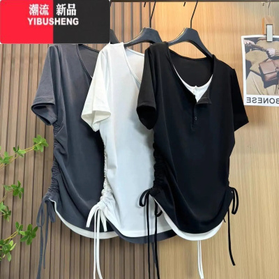 YIBUSHENG胖MM装300斤大码短袖T恤女纯色假两件气质拼接抽褶显瘦百搭上衣