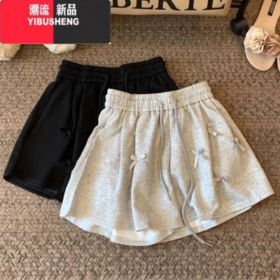 YIBUSHENG广州十三行~灰色短裤女季蝴蝶结热裤高腰休闲裤运动裤女