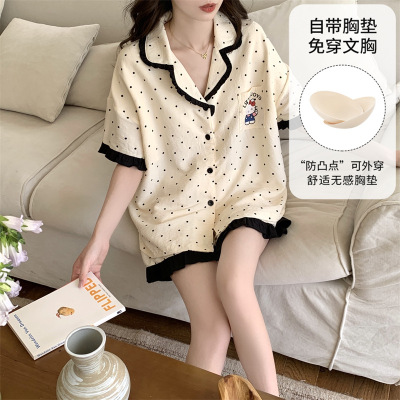 2026年短袖短裤云朵棉夏季薄款开衫睡衣女可爱新款带胸垫套装_1