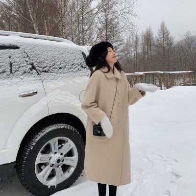 FISHBASKET2020冬季新款韩版毛呢子大衣中长款红色加厚赫本学生毛呢外套女毛呢外套