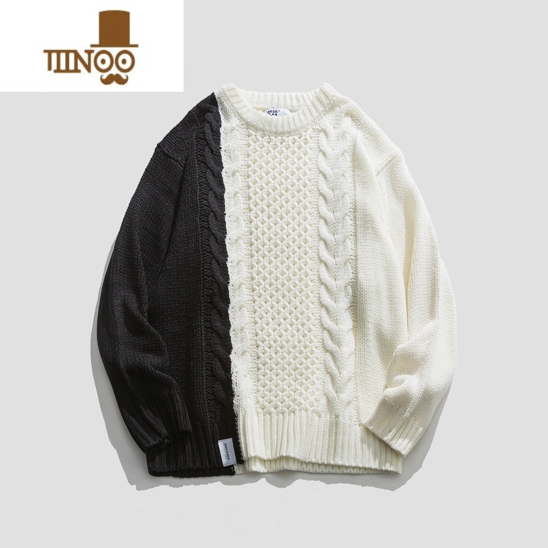 YANXU拼色情侣毛衣男小众设计感拼接圆领线衣街头帅气暗黑系个性针织衫