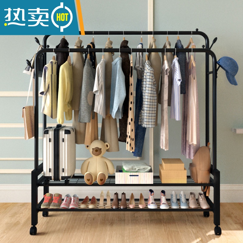 敬平晾衣架落地卧室家用挂衣架折叠室内简易凉衣杆收纳置物晒衣服架子 105cm黑色双杆+双衣帽钩+★双层置物网晾衣杆