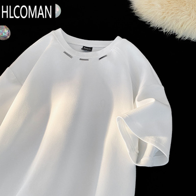 HLCOMAN纯色短袖t恤男女夏季2025新款小众设计圆领垫肩宽松体恤半袖