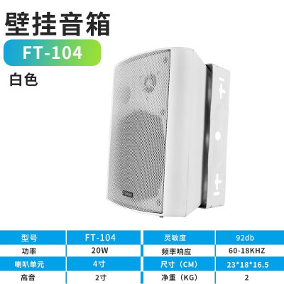 flykace 20W白色壁挂音箱 教室壁挂喇叭 店铺壁挂音响高音质 FT-104