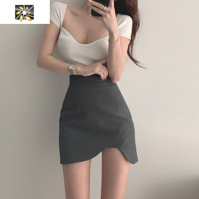 暖青汇不规则短裙女半身裙设计感小众高腰灰色西装料春夏超短包臀一步裙半身裙