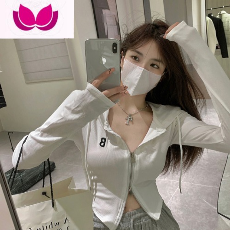 七斓刺绣拉链字母连帽长袖修身t恤上衣女抽绳复古设计感开衫小众