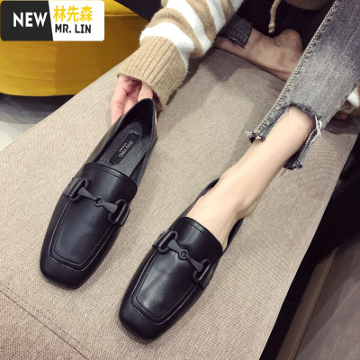林先森英伦风小皮鞋女韩版百搭2021新款平底单鞋女方头复古一脚蹬乐福鞋休闲鞋