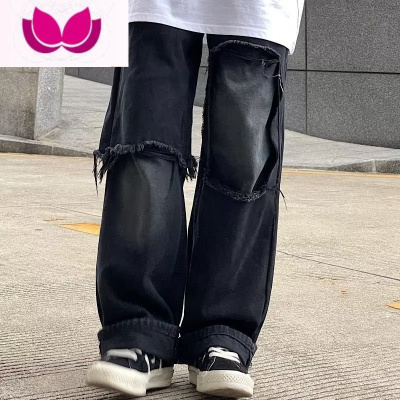 七斓高街黑色裤子男ins潮新款欧美hiphop嘻哈宽松直筒破洞牛仔裤