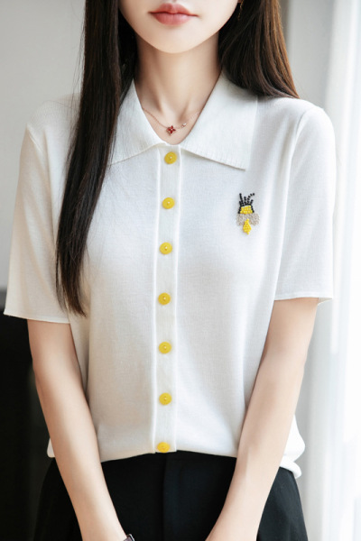 透气天丝25夏季新款女装翻领短款时尚T恤薄款打底衫上衣短袖