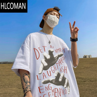 HLCOMAN酒红色正肩t恤欧美街头潮牌短袖男生高街美式情侣七分袖