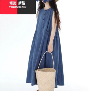 YIBUSHENG日系森女蓝白小格子圆领无袖连衣裙文艺复古慵懒宽松季背心裙女