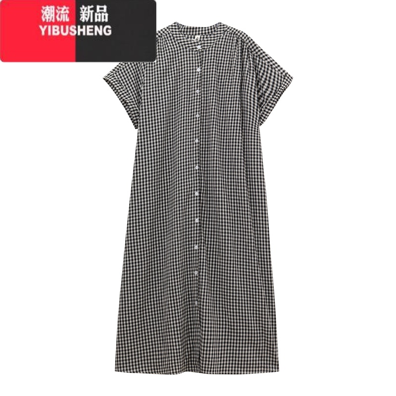YIBUSHENG日系复古文艺格子衬衫连衣裙女季2024新款宽松中长款短袖A字裙