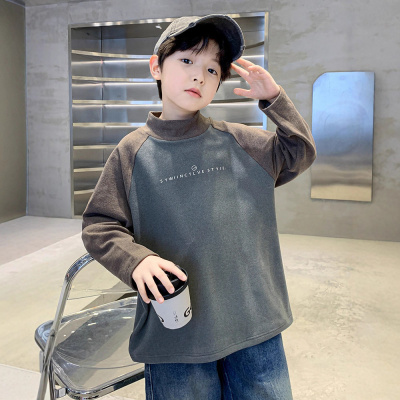 男童德绒打底衫秋冬新款中大童半高领内搭潮T儿童拼色长袖T恤
