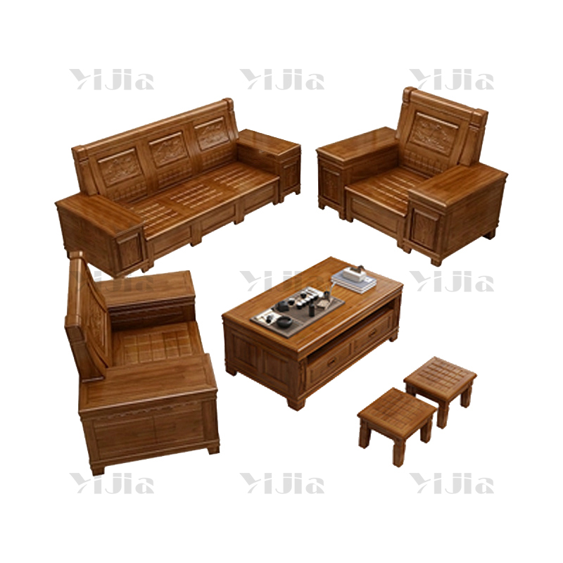 翌嘉 香樟木实木沙发组合新中式冬夏两用沙发 1+1+3+茶几+凳子组合