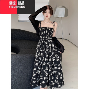 YIBUSHENG大码法式复古收腰遮肚吊带连衣裙胖mm黑色防晒开衫碎花裙子两件套
