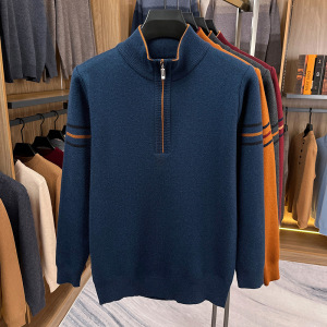 加厚半拉链立领毛衣男冬季新款中年休闲撞色保暖打底男士针织衫_754