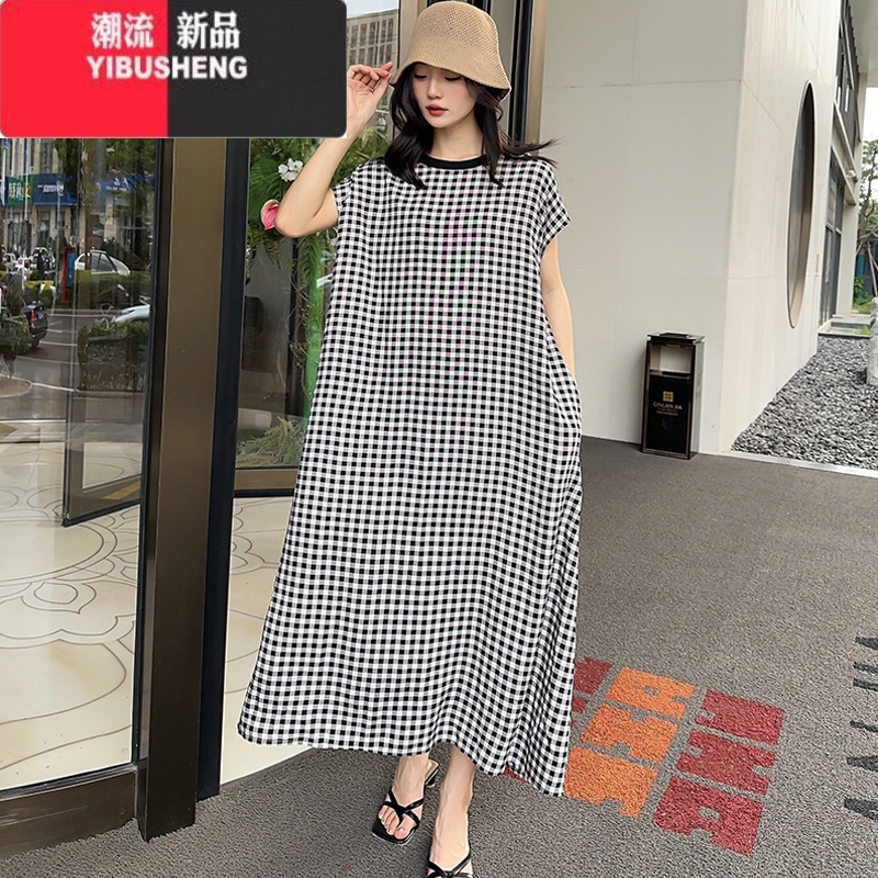 YIBUSHENG2024季绵绸女款新时尚长裙气质宽松连衣裙圆领开叉设计感人造棉