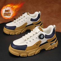 冬季新款加绒加厚男士休闲鞋皮革拼接厚底增高户外运动保暖男鞋