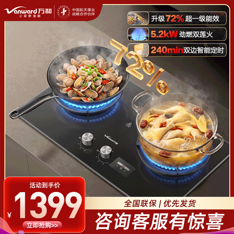 万和[超省星G9D Pro]5.2kW天然气猛火72%一级能效双边定时合金防爆面板家用煤气双炉具双灶台燃气灶