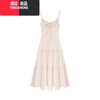 YIBUSHENG法式性感粉色蕾丝吊带连衣裙女季收腰蛋糕裙a字裙子度假风长裙
