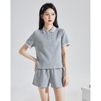 [2.5折价126元]唐狮夏季女华夫格左胸刺绣图案短袖Polo短裤减龄韩系