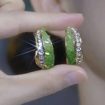 s925银针满钻绿水晶圈圈耳钉气质时尚百搭耳饰简约个性耳圈耳环女送女朋友老婆情人节七夕生日礼物