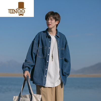 YANXU牛仔衬衫男秋季日系复古工装长袖衬衣感潮牌痞帅宽松休闲外套