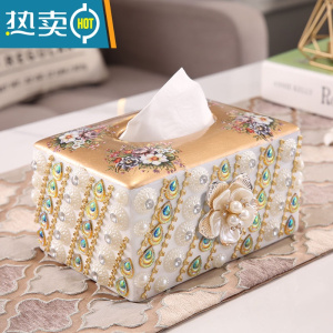 敬平抽纸盒客厅家用轻奢北欧纸巾盒美式创意餐巾盒欧式陶瓷纸抽盒 镶钻金色款(送底板)