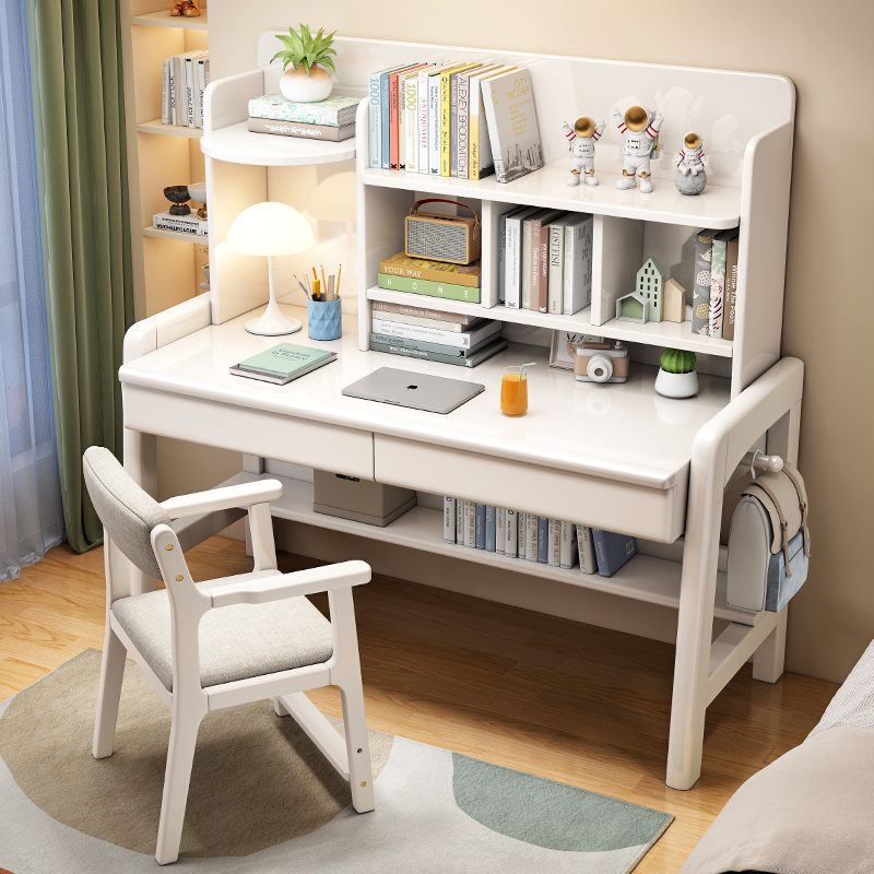 实木儿童学习桌子椅子套装家用初中小学生写字桌卧室书桌书架一体