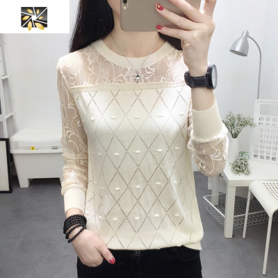 暖青汇圆领蕾丝打底衫冰丝T恤长袖宽松百搭春装新款薄针织衫女上衣潮蕾丝衫