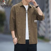 啄木鸟纯棉透气休闲七分袖衬衫男2025春夏季新款纯色薄款短袖衬衫