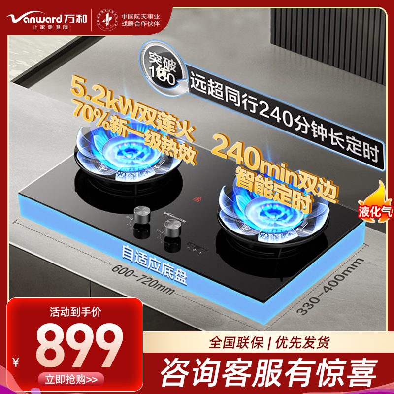 万和[蓝莲花B9DS]5.2kW液化气猛火70%热效率双边定时嵌入式家用煤气双炉具双灶台灶具燃气灶全新一代猛火灶液化气