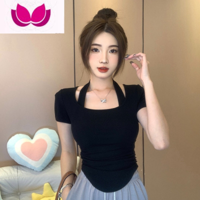 七斓大码夏季胖MM新款设计感辣妹上衣显瘦纯欲风挂脖假短袖T恤女